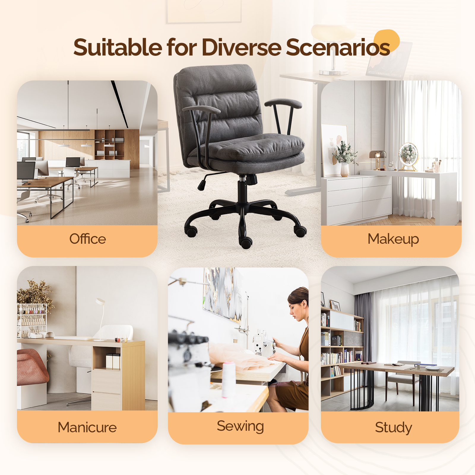 Ktaxon Office Chair with Armrests, Linen Fabric Desk Chair with Wheels, Swivel Task Chair for Study Room or Dressing Vanity Area Dark Gray
