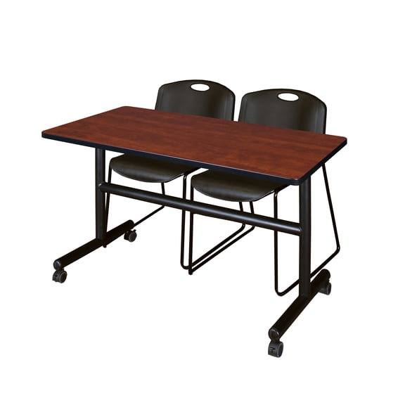 Regency Kobe 48 x 30 in. Flip-Top Training Nesting Table- Cherry, 2 Zeng Stack Chairs- Black