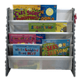 thumbnail image 3 of UNiPLAY Kids Plastic Bookcase Display Storage Rack, 4 Tier Bookshelf with Stacking Block Play Side Panels, (Gray/White), 3 of 6