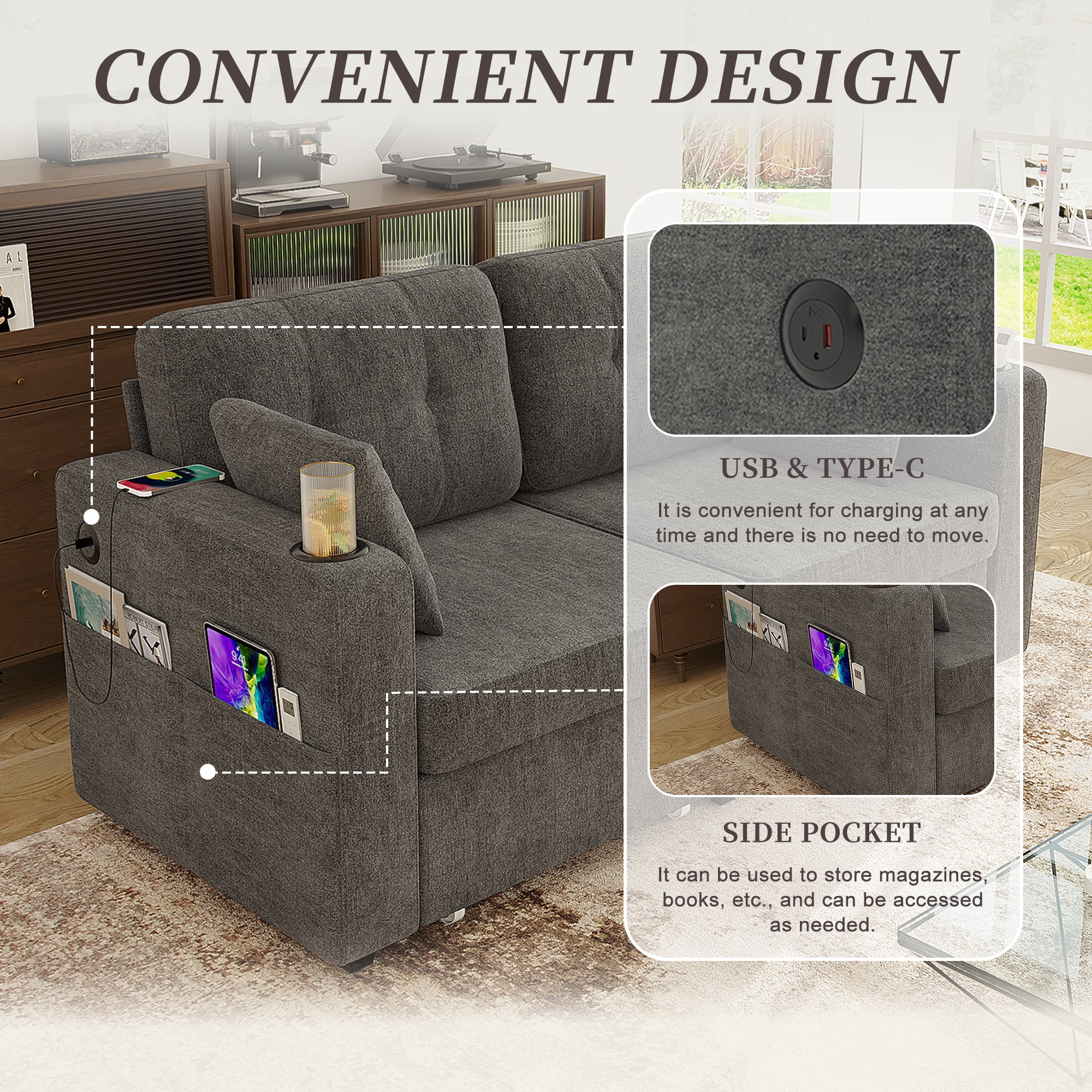 68" Chenille Two Seater Couch, Living Room Loveseat with Usb Charging, Upholstered Loveseat with Storage for Living Room, Gray