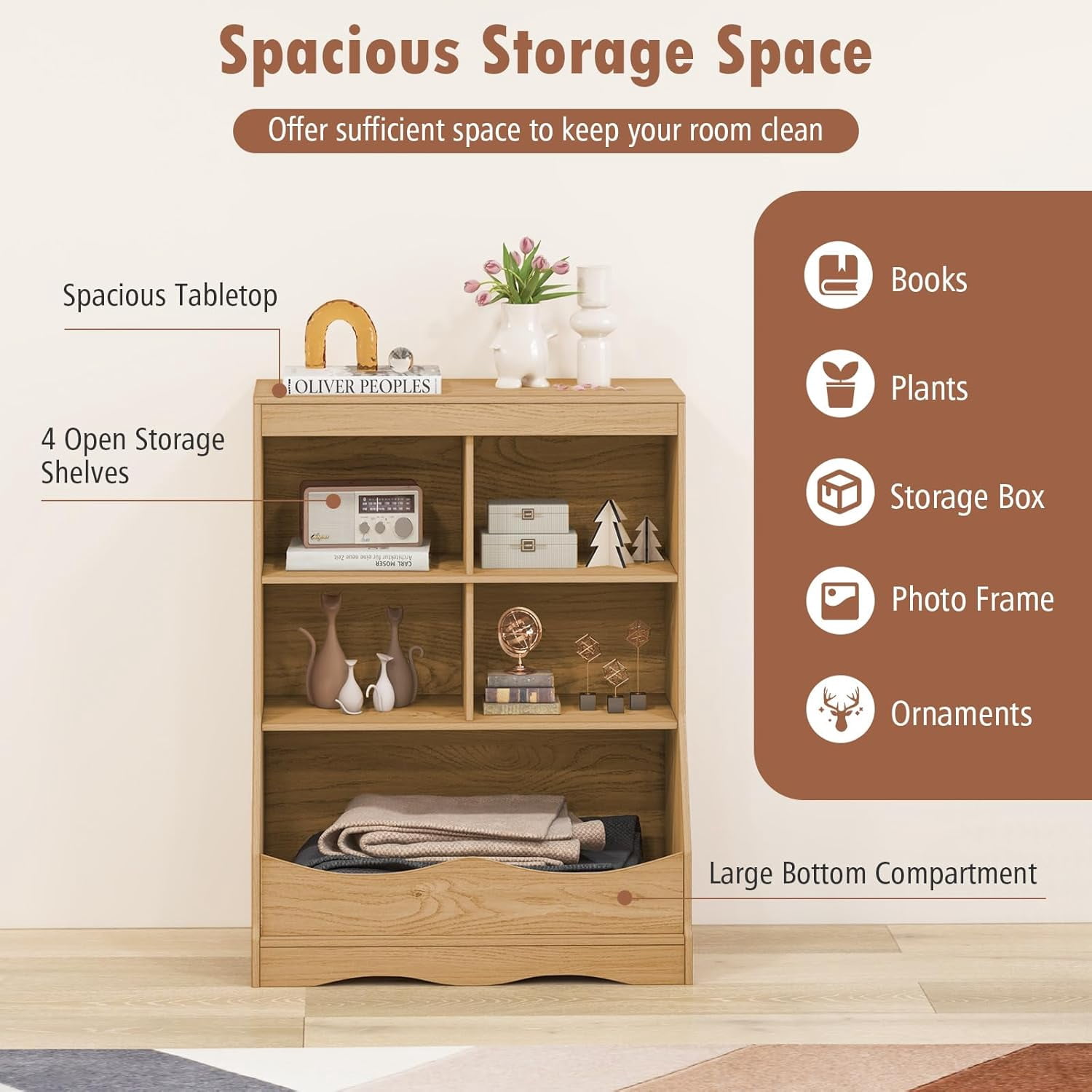 LINJH Storage Cabinet, Small Bookshelf, Short Bookcase with 4 Open Cube & Bottom Compartment, Anti-Tipping Device, Foot Pads, Cubby Storage Organizer for Study, Living Room-Natural