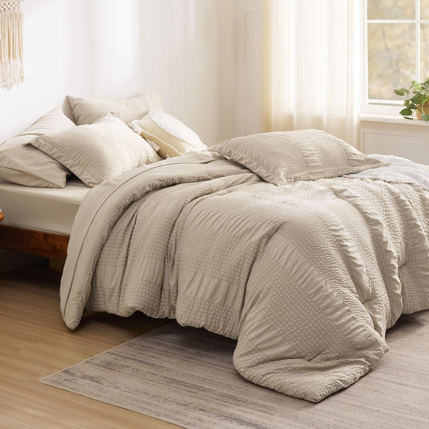Cozy Comfort Bed in a Bag Queen - Queen Comforter Set 7 Piece Stripes Seersucker Bedding Set, Soft Lightweight Down Alternative Comforter Queen Bed Set(Khaki,Queen 90 x 90 inch)