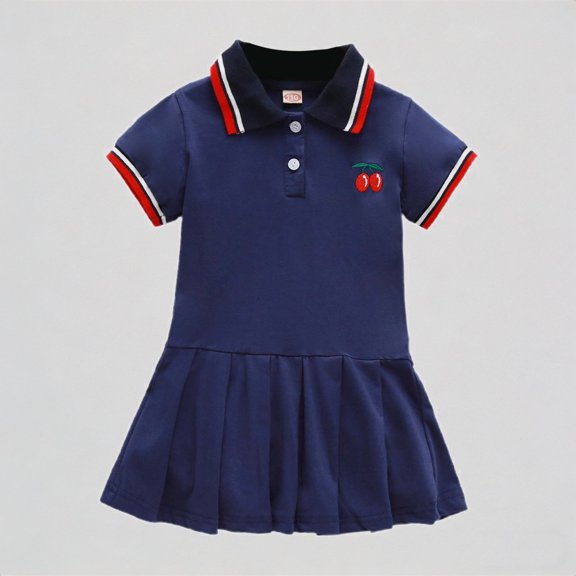 REDARER Toddler Girls' Polo Dress with Cherry Embroidery & Pleated Skirt, Comfortable Casual Summer Playwear Kids Outfit,6-7 Years