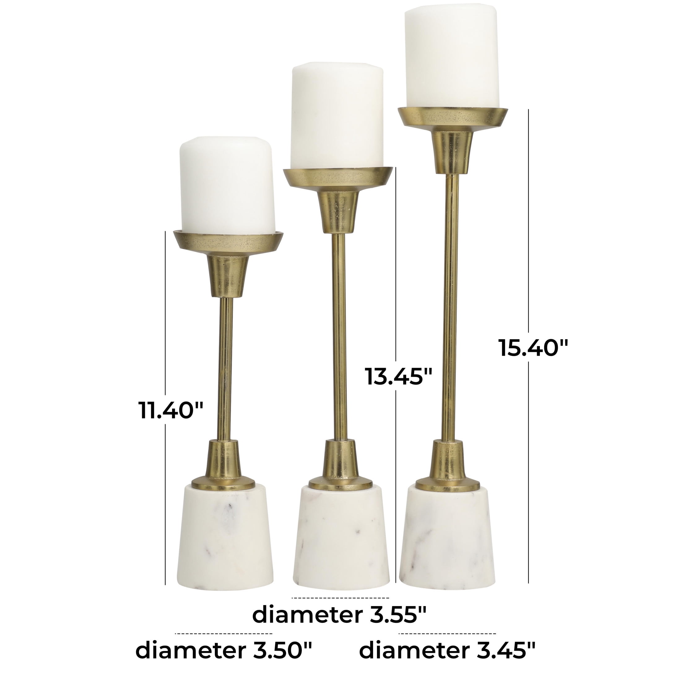 DecMode 3 Candle Gold Aluminum Metal Slim Candle Holder with White Marble Base, Set of 3