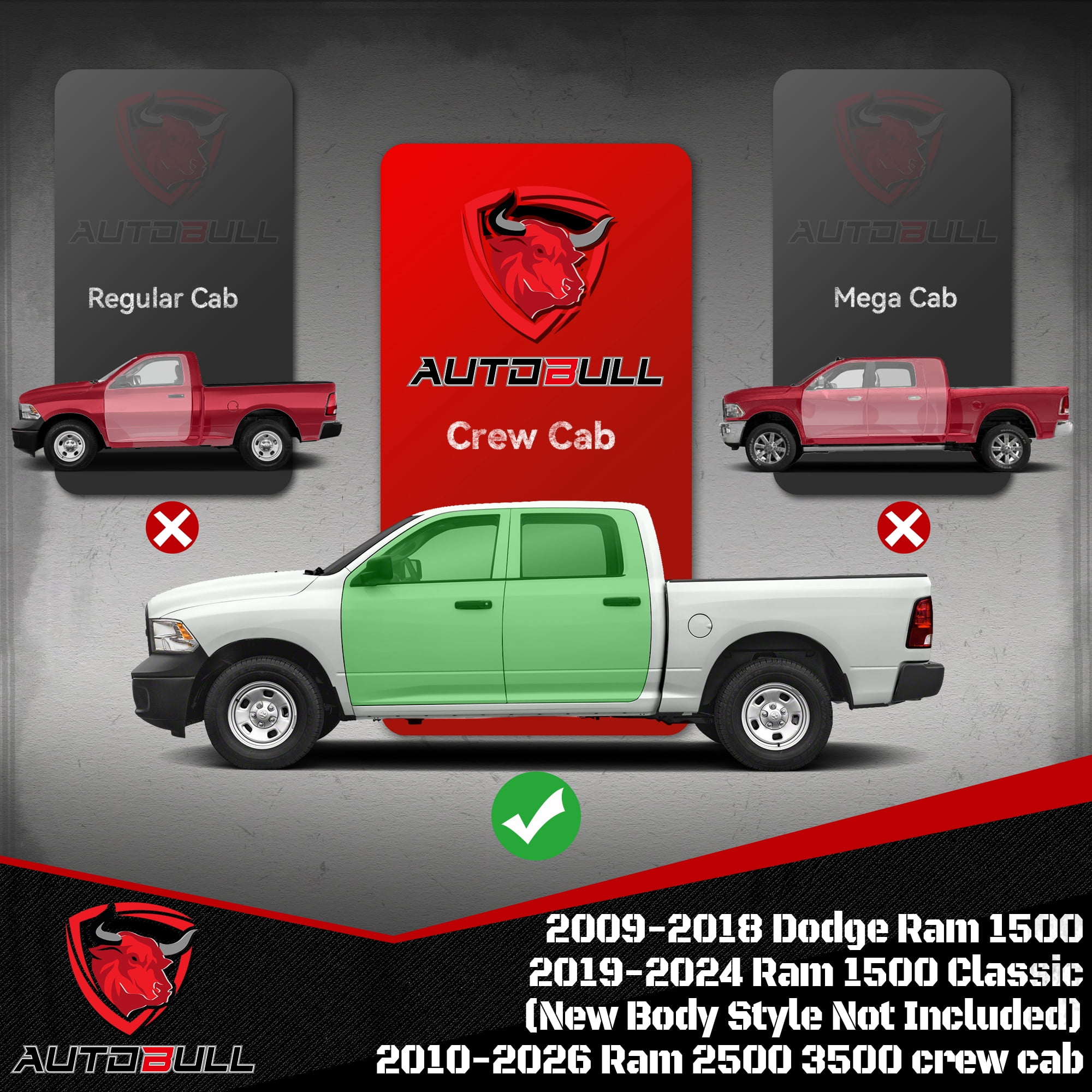 AutoBull 6" Running Boards for 09-18 Dodge RAM 1500/10-24 RAM 2500 3500 Crew Cab Side Step Nerf Bars