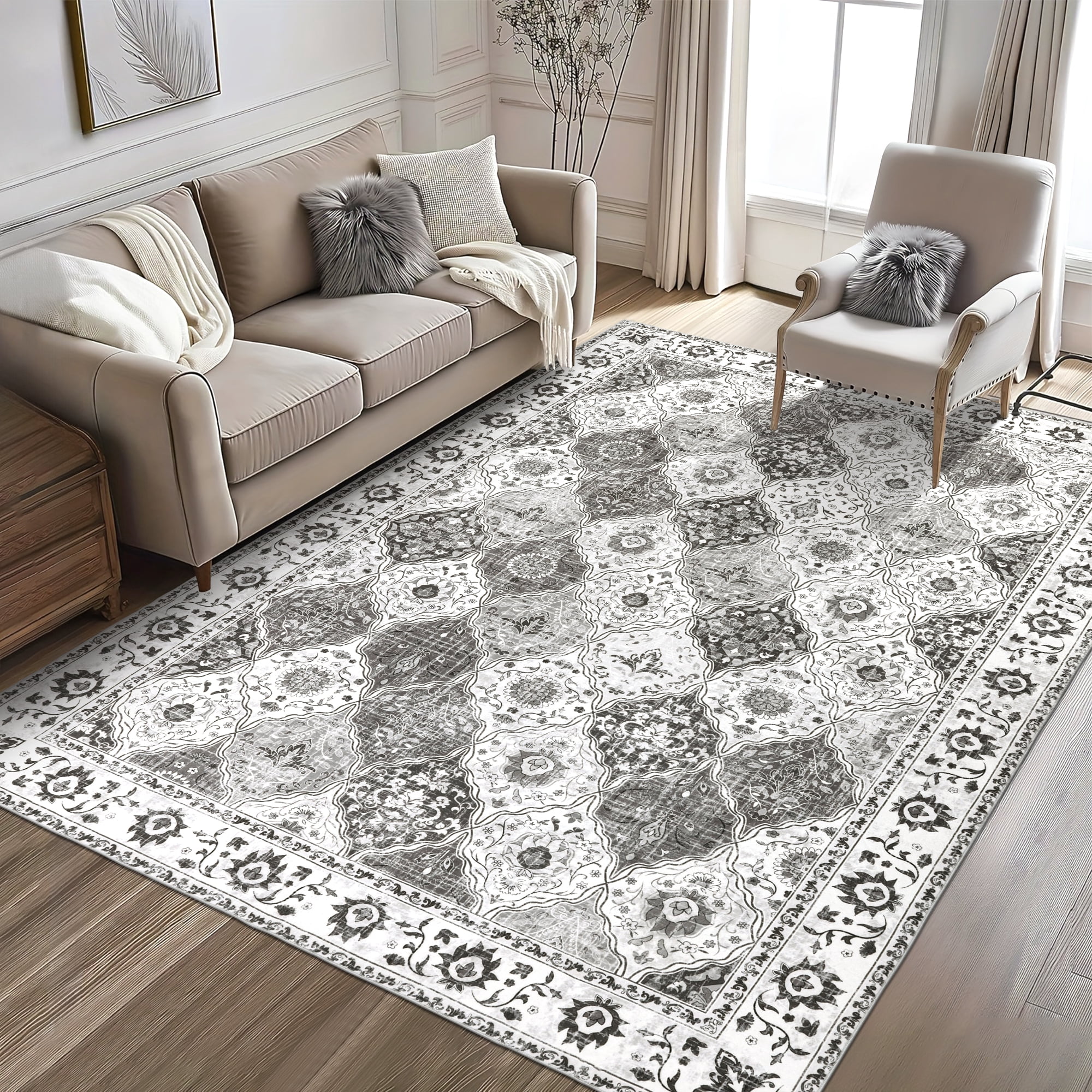 MJIAexp 6'x9' Moroccan Area Rug Washable Bedroom Rug Vintage Boho Area Rug Non-Slip Accent Throw Rug Stain Resistant Floor Carpet for Kitchen Entryway Living Room Office Boho Gray