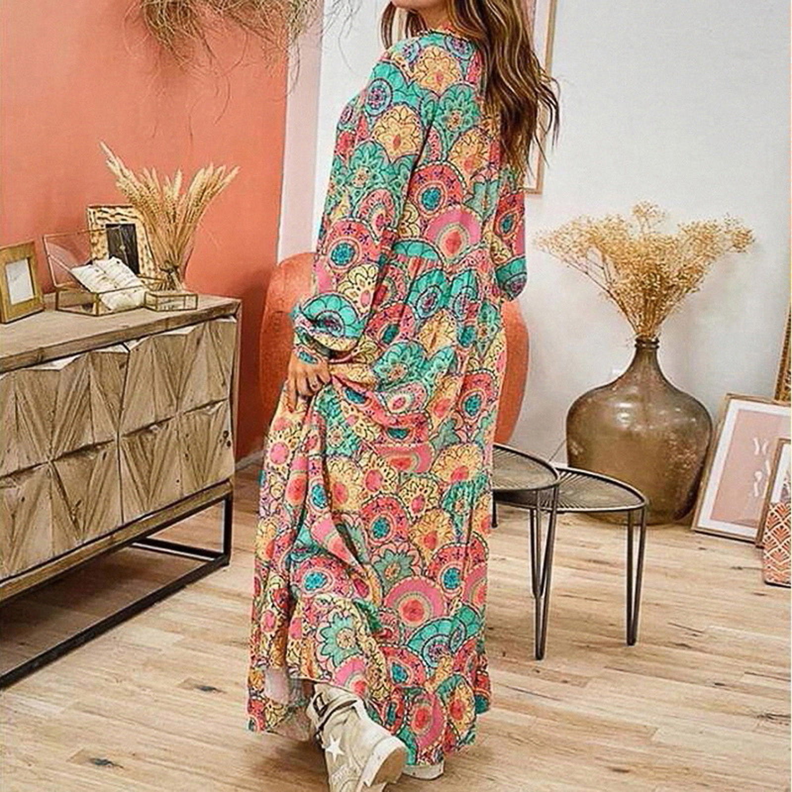 Women's Boho Dress for Beach Wedding Lace Patchwork V Neck Long Sleeve  Casual Loose Fit Dress Solid Color Print Dress, Beige, Large : :  Clothing, Shoes & Accessories