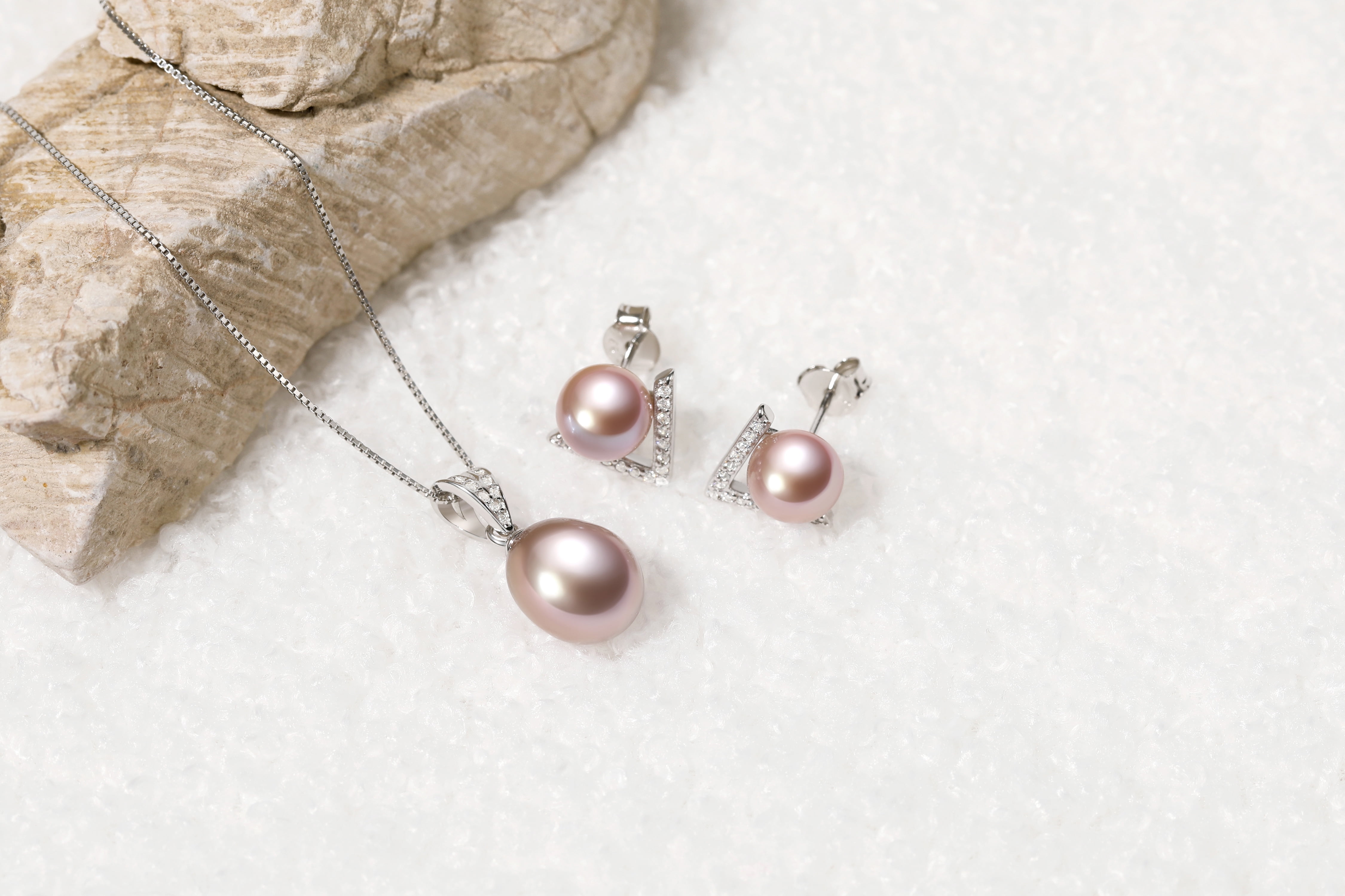 Yami Purple Teardrop Pearl  Necklace and Earrings Set Cultured Pearls in 925 Sterling Silver Jewelry Gift Set for Women