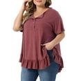thumbnail image 5 of Agnes Orinda Plus Size T Shirts for Women Henley V Neck Button Up Short Sleeve Ruffled Hem Blouses Tops 3X Burgundy, 5 of 7