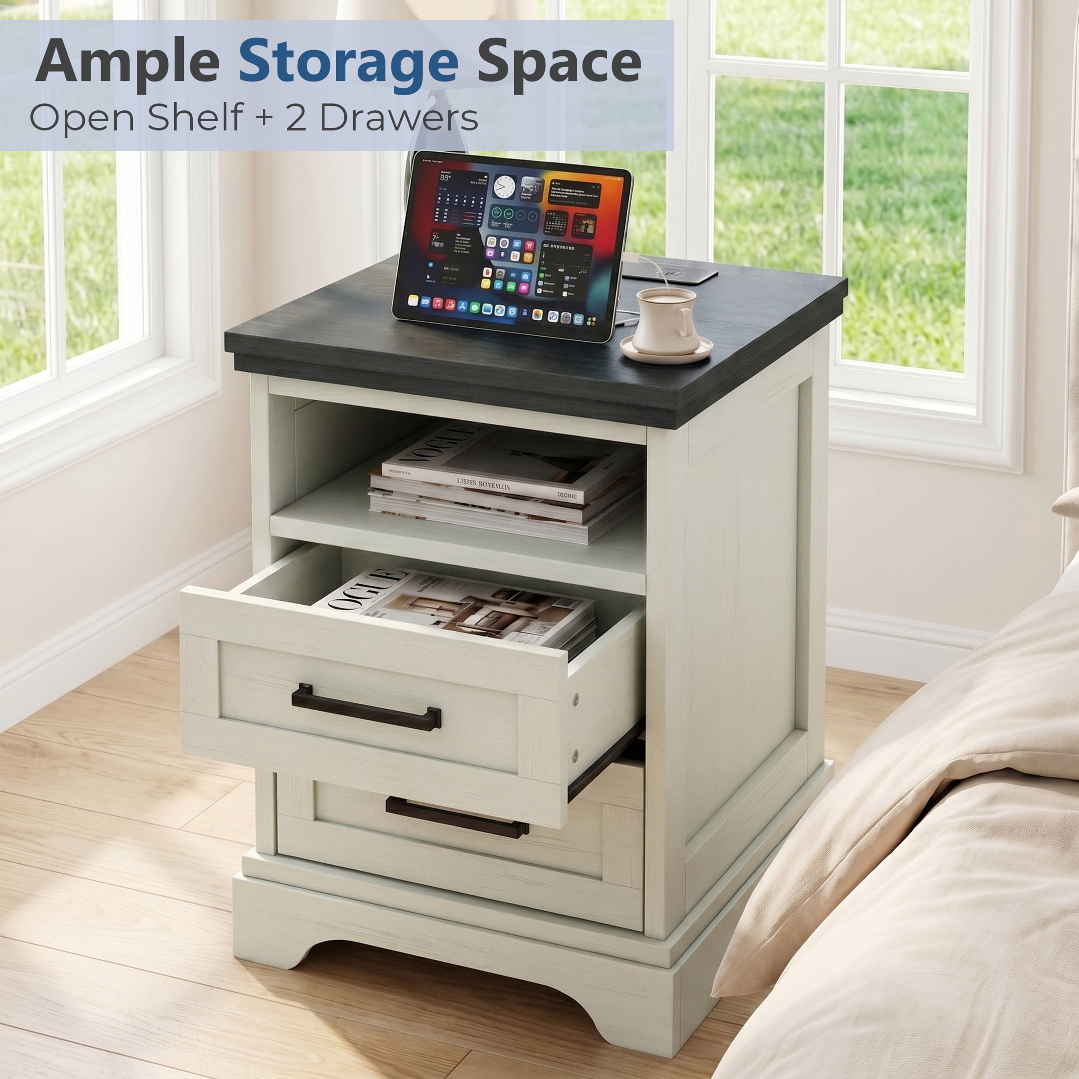 EDX 2 Drawers 24" Wood Nightstand with Drawers and Charging Station, Bedside Table for Bedroom or Living Room, White