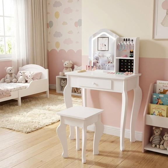 Lighted Mirror Kids Vanity Set with Stool | Makeup Table Playset for Little Girls Ages 3-8 - Durable, Safe Design - Perfect for Bedroom or Playroom White