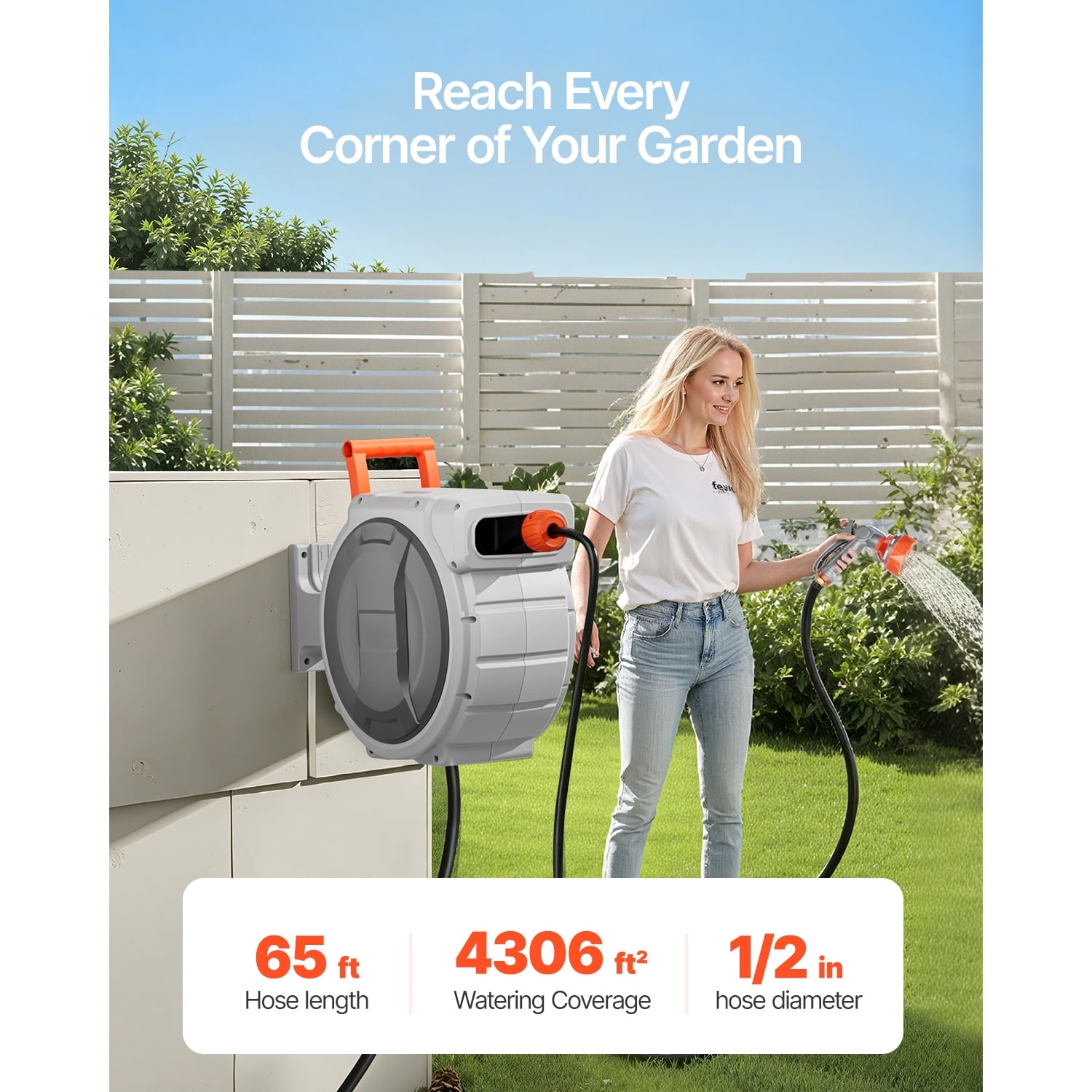 KFFKFF Retractable Hose Reel 65ft x 1/2in, Wall-Mounted Garden Hose Reel with 9-Function Nozzle, Lawn Watering Hose Reel 180° Swivel Bracket, Length Lock, Upgraded Slow Return System