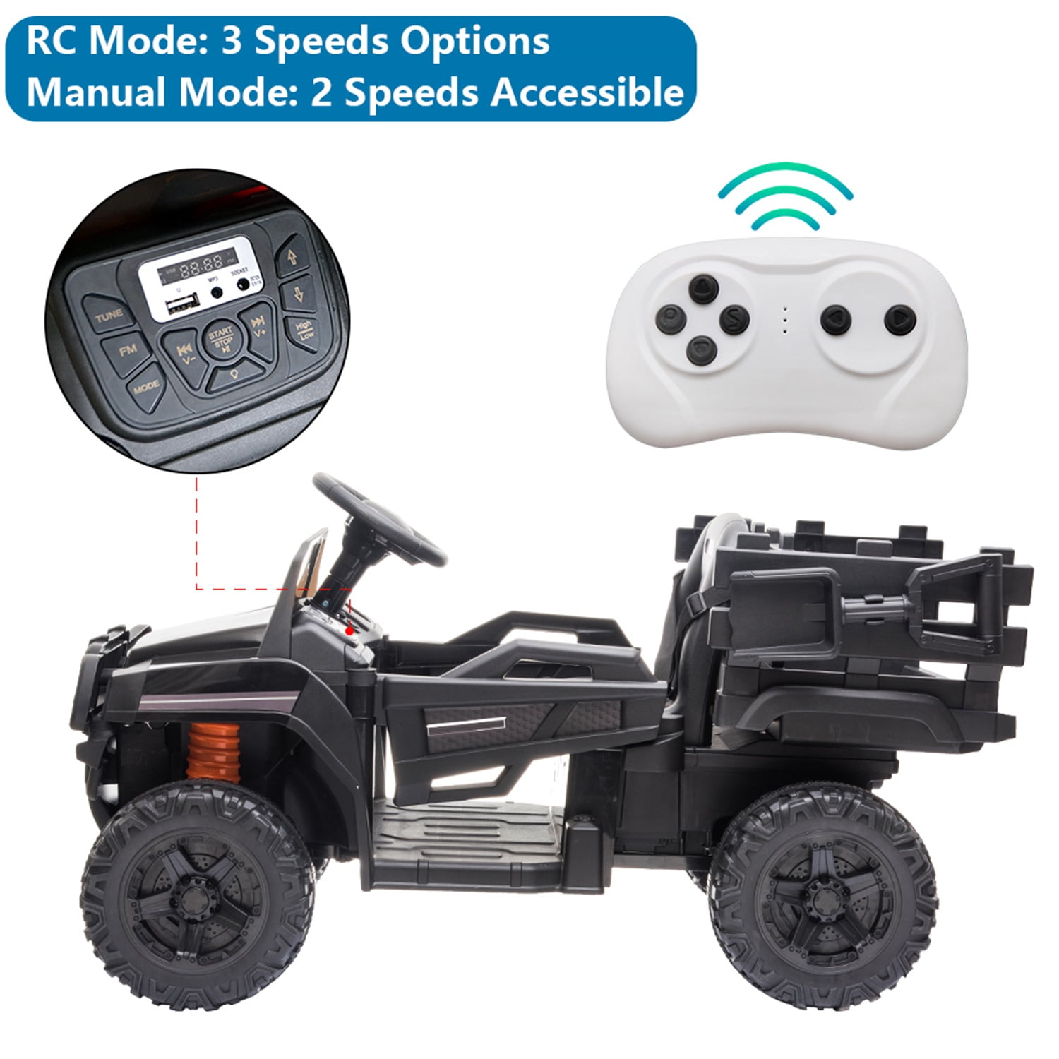 CIPACHO Kids 12V Ride On Truck, Battery Powered Toy Car w/Spring Suspension, Remote Control, 3 Speeds, LED Lights, Black