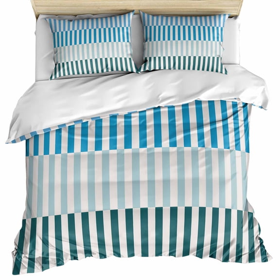 Colorful Stripe Bedding 3 Piece Duvet Cover Set California King, Modern Teal Blue Green Vertical Striped Soft Microfiber Comforter Cover with Zipper Closure & Pillowcases, FadeResistant Quilt Cover