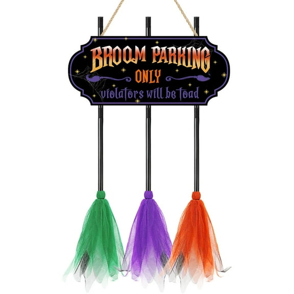 Halloween Decorations - Broom Parking Sign with 3 Wooden Witches Brooms for Front Porch Wall Decor Indoor Outdoor Party Decoration
