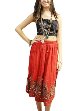 Mogul Women's Boho Maxi Long Skirt Sequin Work A-Line Hippie Fashion Red Maxi Skirts SML