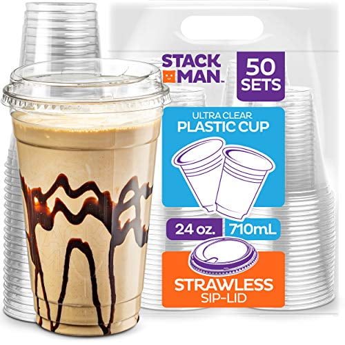 24 Oz Clear Cups with Strawless Sip Lids Pet Crystal Clear Disposable 50 Sets 