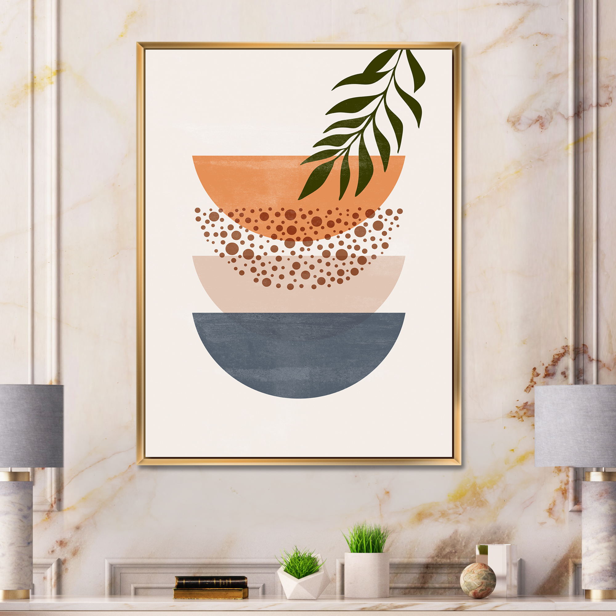 Designart 'Abstract Geometrical Moon and Sun With Leaf III' Modern Framed Canvas Wall Art Print