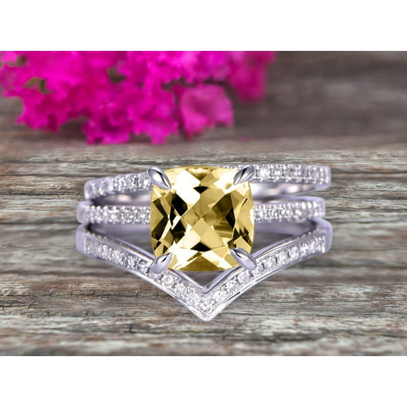 Stunning 7mm Cushion Cut Champagne Diamond Moissanite Engagement Ring On 10k White Gold V Shape Wedding Band 3pcs Wedding Ring Set Total Carat Weight 2.80