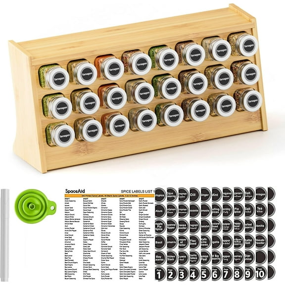 MinBoo Bamboo Spice Rack Organizer Set with 24 Spice Jars, 432 Spice Labels, Chalk Marker and Funnel, Seasoning Rack 17.7" W × 8.4" H