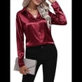 thumbnail image 3 of Blusas de Satén para Mujer, Informales, de Larga, con Botones, Elegantes, para Trabajo y Negocios Vino Tinto L, 3 of 9