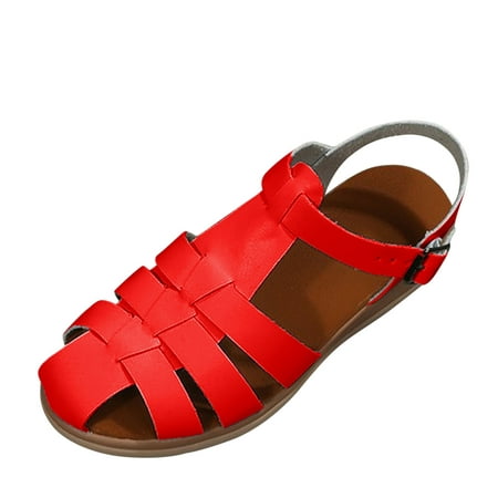 

dmqupv Espadrille Sandals for Women Ladies Fashion Solid Leather Strap Combination Buckle Lime Sandals for Women Sandal Red 8