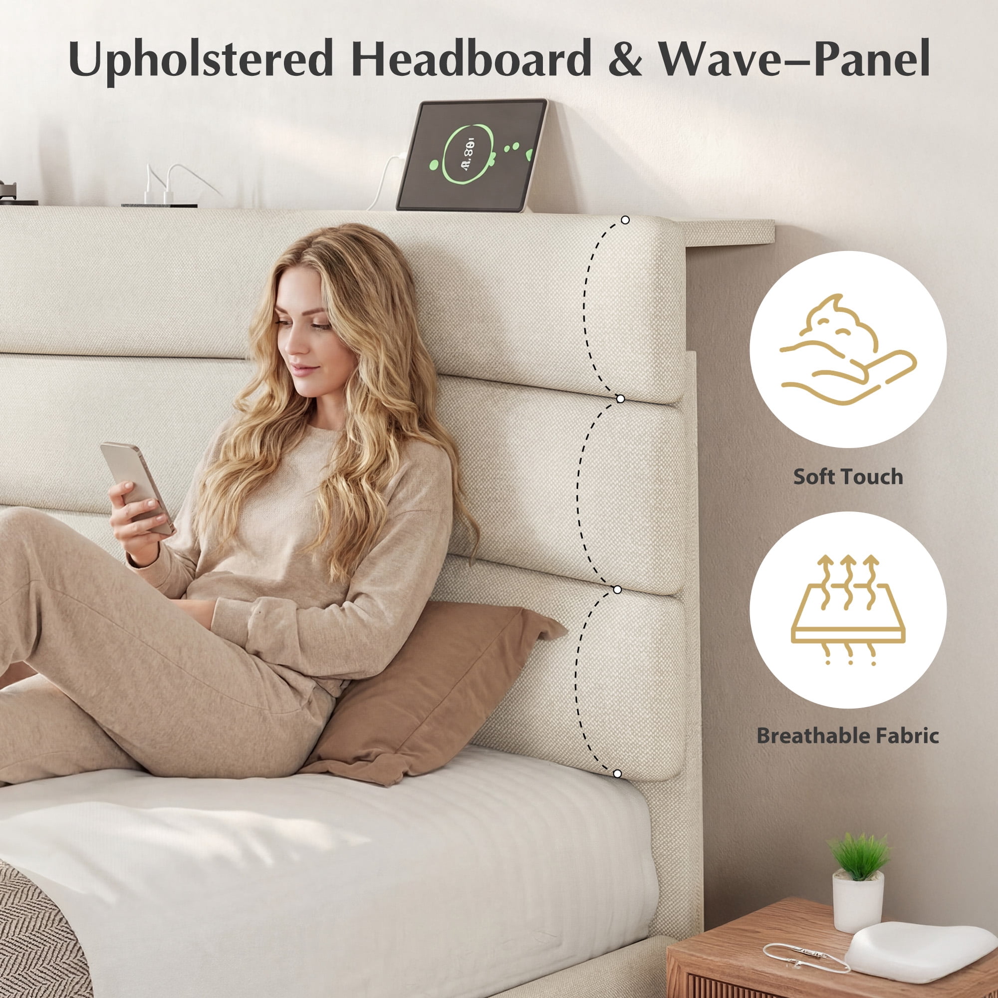 EnHomee Full Bed Frame with Adjustable Headboard Upholstered Full Size Bed Frame with Charge Station & Storage, Beige, No Box Spring Needed, Noise Free