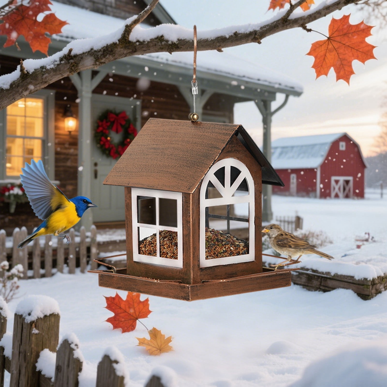 Squirrel Proof Metal Bird Feeder, Outdoor Sturdy Hanging Feeder, Adjustable Seed Garden Birdhouse, Patio Large Capacity Feeder, 18.66x8.86x7.09 Inches