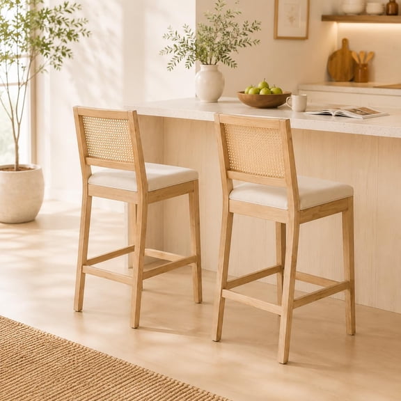 Counter Height Bar Stools Set of 2 Beige Cane Back Kitchen Island Chairs, Rattan Bar Stools with Backs, Wood Barstools for Kitchen Island, Upholstered Seat, Sillas para Barra de Cocina (Beige, 2 Pcs)