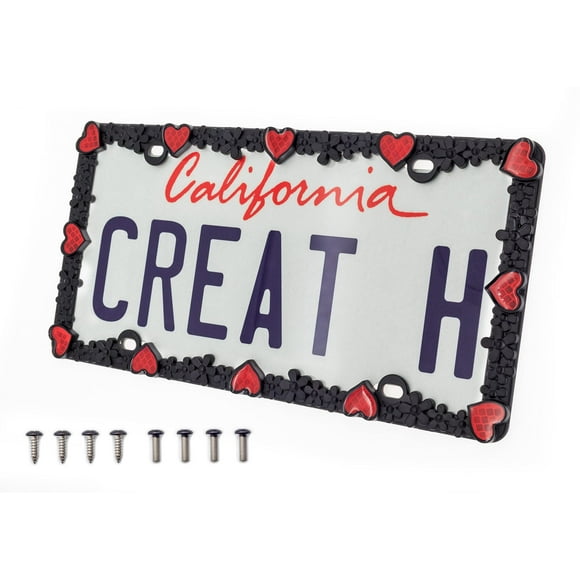 Creathome 3D Daisy Heart License Plate Frame from Pure Zinc Alloy Metal Perfect Plate Holder, Matt Black Daisy with Red Reflective Heart