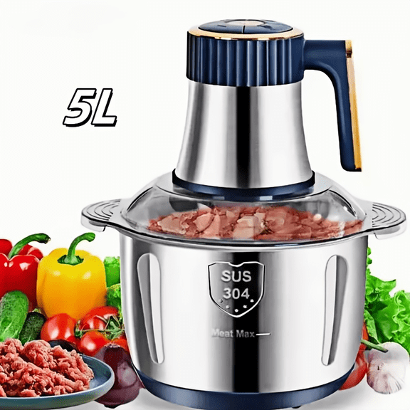 5L Large Capacity Stainless Steel Electric Food Chopper & Processor - Bi-Level Blades, 40, 000 RPM Motor, Sturdy Construction