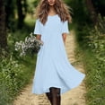 thumbnail image 5 of Ecqkame Women's Linen Dresses Solid Color Short Sleeve Crew Neck Loose Long Dress Casual A Line Flowy Boho Dresses Light Blue XXL, 5 of 9