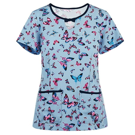 

Zeceouar Scrubs Tops For Women Designs Plus Size Scrub Shirts V-Neck Printing Short Sleeve Nursing Working Uniform Tops With Pocket