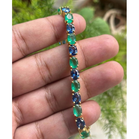18k Gold Plated Green Emerald & Tanzanite Oval Gemstone Tennis Bracelet 925 Sterling Silver Delicate Bracelet Wedding Jewelry Engagement Gift