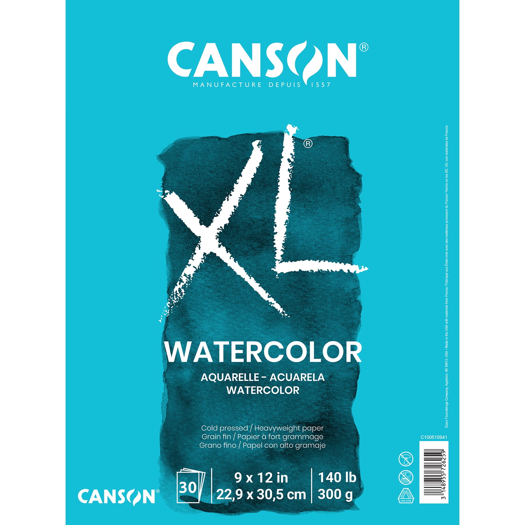 Canson XL Series Watercolor Pad, Heavyweight White Paper, Foldover Binding, 30 Sheets, 9x12 inch, Pack of 3
