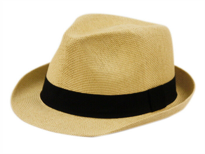 Men Straw Fedora Hat Trilby Cuban Cap Summer Beach Sun Panama Short Brim Hats 
