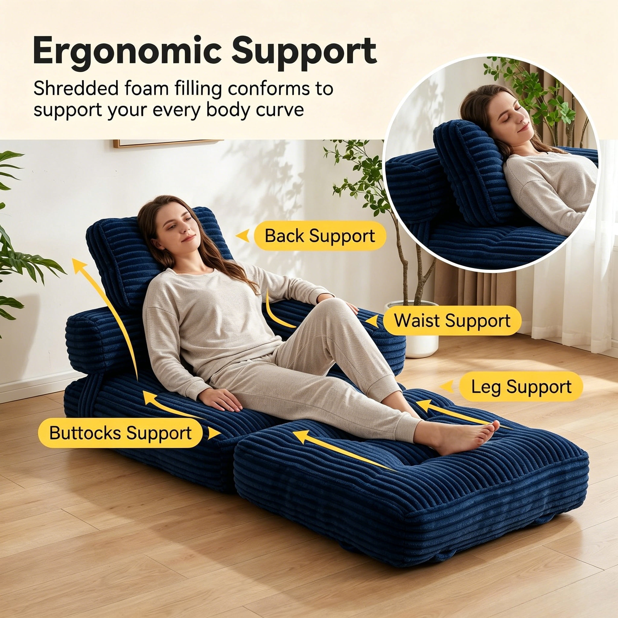 Howcool Corduroy Folding Sofa Bed,3 in 1 Convertible Sleeper Chair with Pillow & L-shaped Lumbar Pillow,Boneless Floor Sofa Couch Lounge Chair for Living Room Dorm,Navy