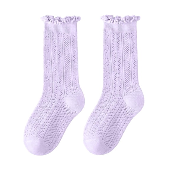 Girls Knit Mesh Ankle Socks Solid Color Ruffle Dress Socks Kids Soft Comfy Breathable Uniform Frilly Socks Purple 3-5 Years