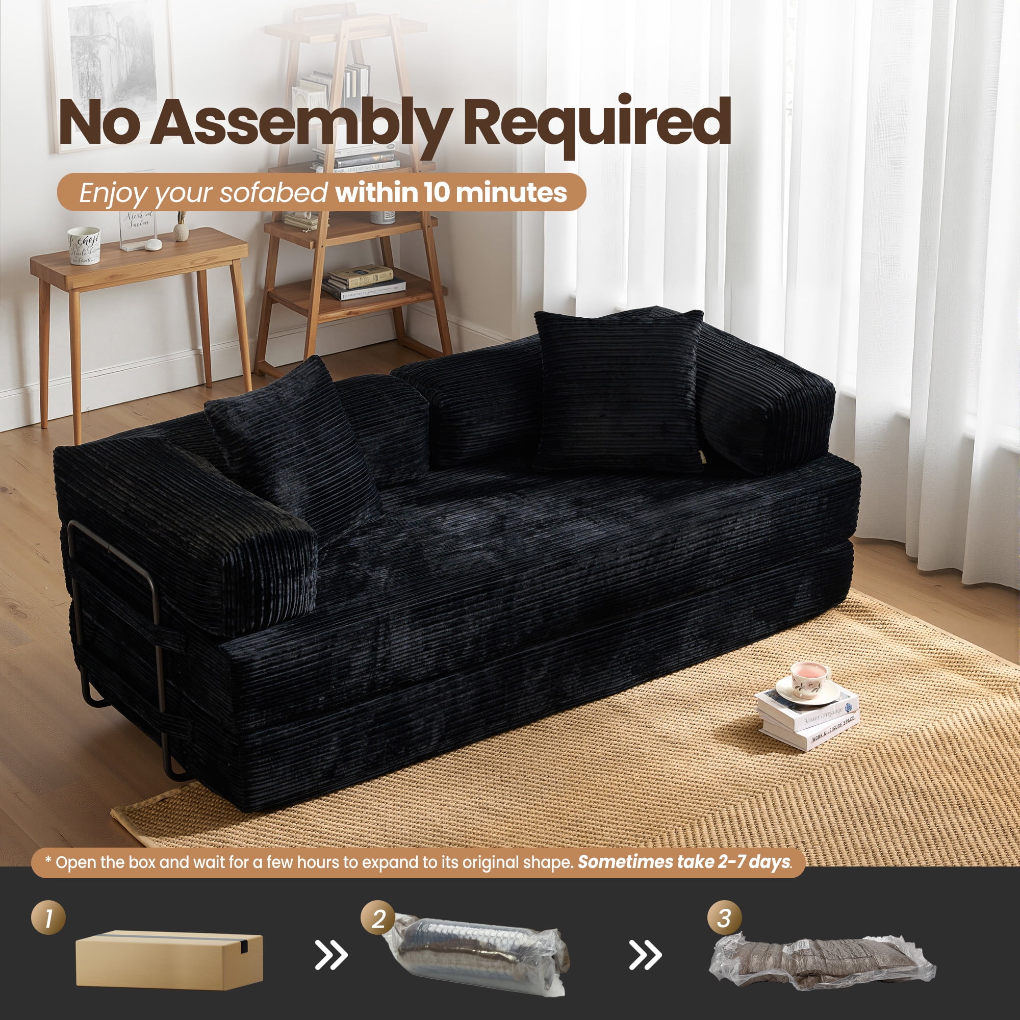 Toject 81" Convertible Sleeper Sofa Bed, Cloud Corduroy Floor Couch with Pillow, Comfy Foldable Couch Sofa Bed for Living Room, Bedroom, Black