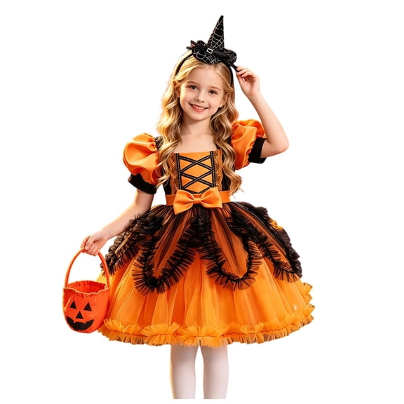 Mnyotv Irregular Mesh Dresses for Girl Halloween Outfits Puff Sleeve Dress Witch Hats and Pumpkin Buckets Size 9-10Y