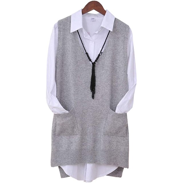 Suéter sin mangas con cuello en V para mujer, chaleco, cárdigan de punto, prendas de vestir, tops altos y bajos con bolsillo Adepaton WMZY-694-4
