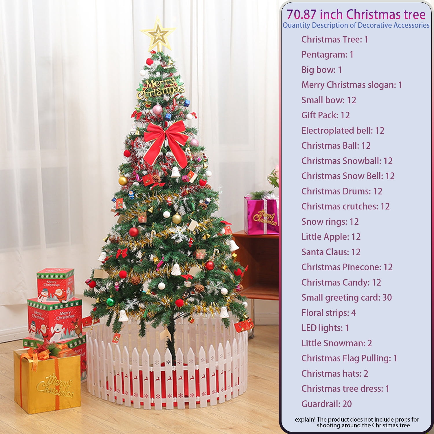 Astoutdoor 6 ft Artificial Christmas Tree with LED Lights, 195 Pendants, Tree Skirt and Guardrails, Indoor Use