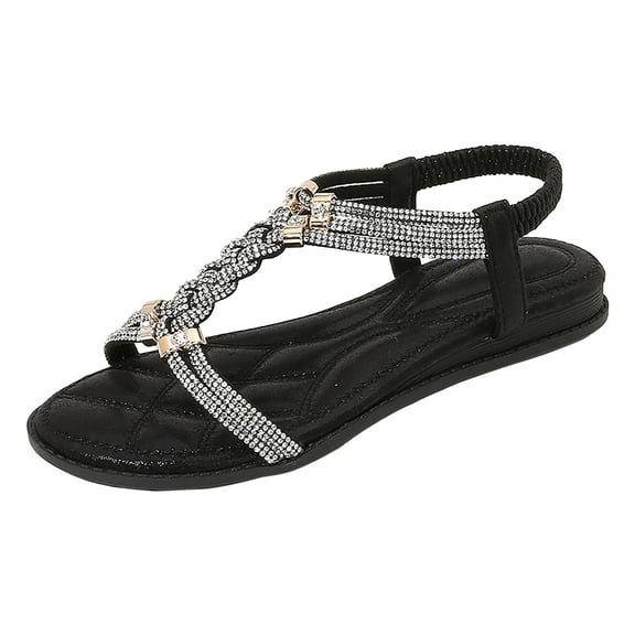 Mostsola Womens Braided Rhinestone T-Strap Flat Sandals Summer Dressy Gladiator Sandals Beach Shoes