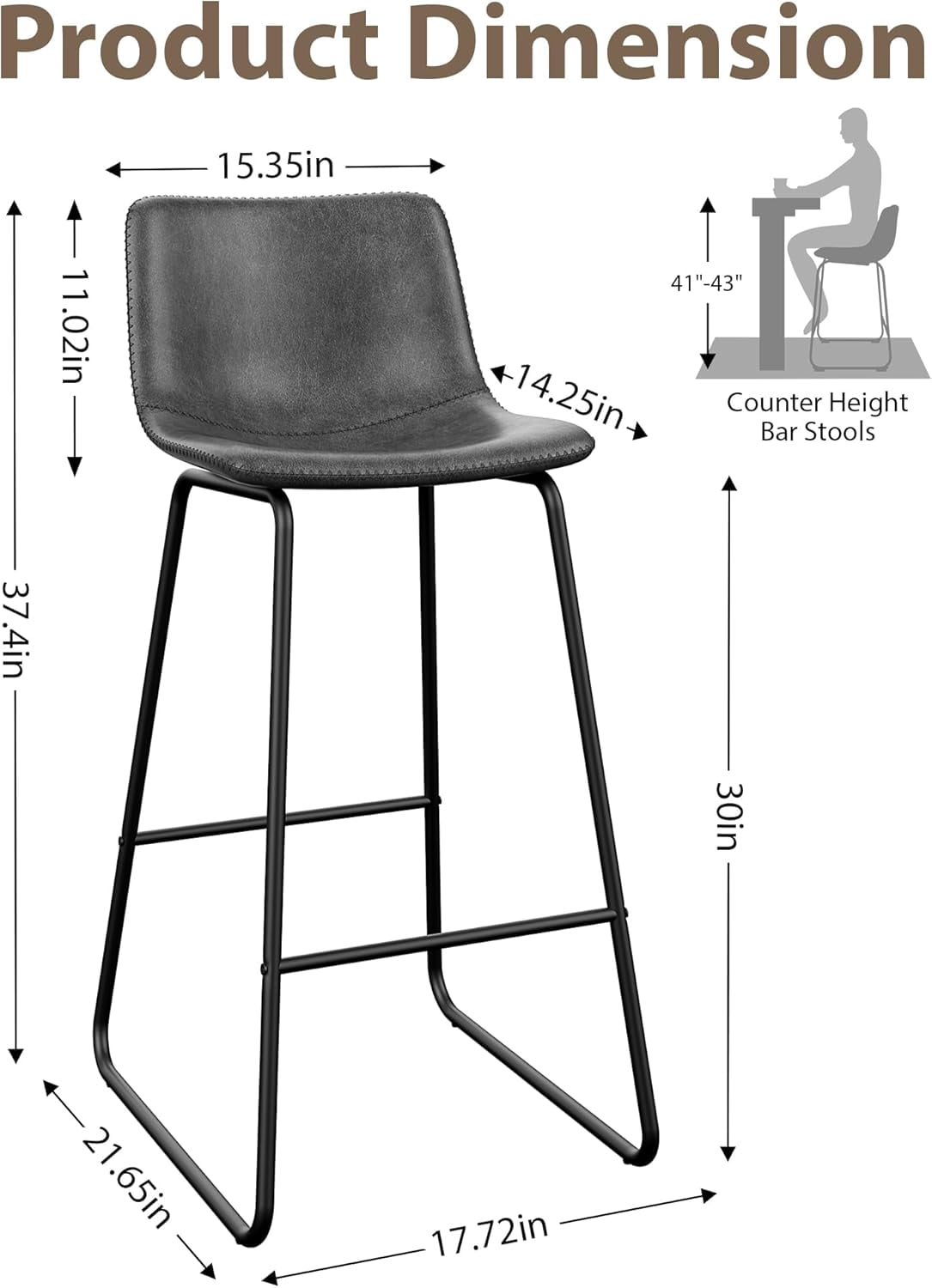 LainTene 30" Bar Stools Set of 2 – Faux Leather Counter Height Stools with Backrest & Footrest, Heavy-Duty Metal Frame for Kitchen, Bar, Living Room, Gray