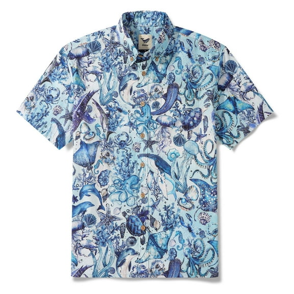 Men's Hawaiian Shirt Short Sleeve Button-down 100% Cotton Blue Aloha Watercolor Ocean