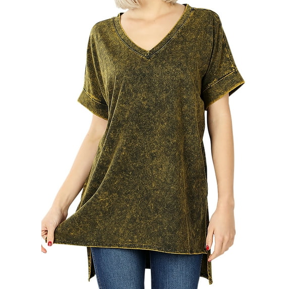 Woman Short Sleeve V Neck Mineral Wash Cotton T Shirt Top Blouse Tunic Olive 3X (ZN 4629)
