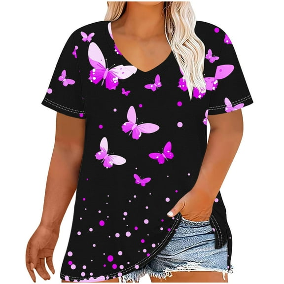 FAHXNVB Women's Loose Fit Cotton T-Shirts V-Neck Short Sleeve Plus Size Butterfly Print Breathable Tees Tops Fashion Casual Comfy Shirts,XXXL,Purple 1