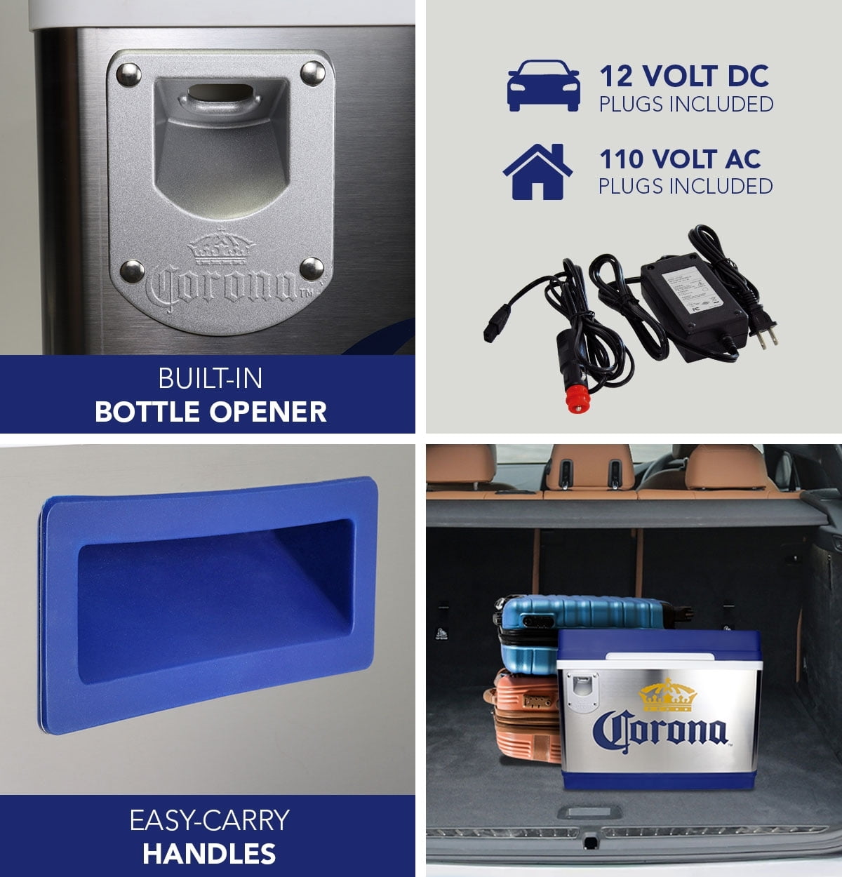 Corona Cruiser 45L (48 qt) Portable Cooler with Bottle Opener, Thermoelectric Travel Fridge, 12V DC/110V AC, Silver and Blue
