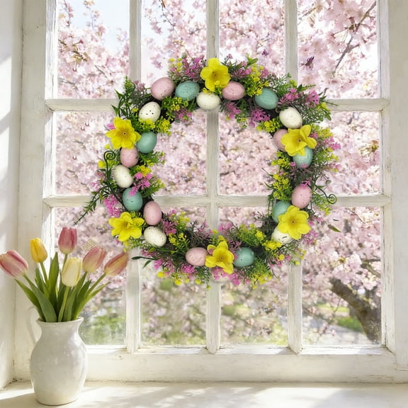 QuanTara Easter Bunny Wreath for Front Door, Plastic Easter Wreath with Artificial Flowers, Spring Home Decor & Holiday Gift, 7.87x7.87in, Multicolor