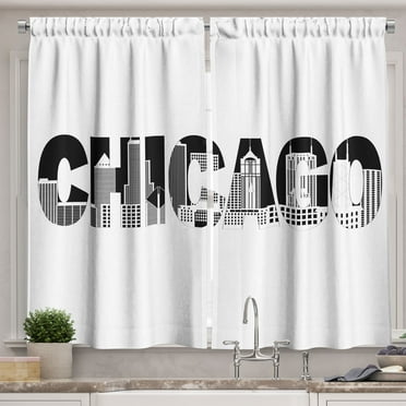 Ambesonne Chicago Skyline Kitchen Curtains, City in Letters, 55"x39", Black White